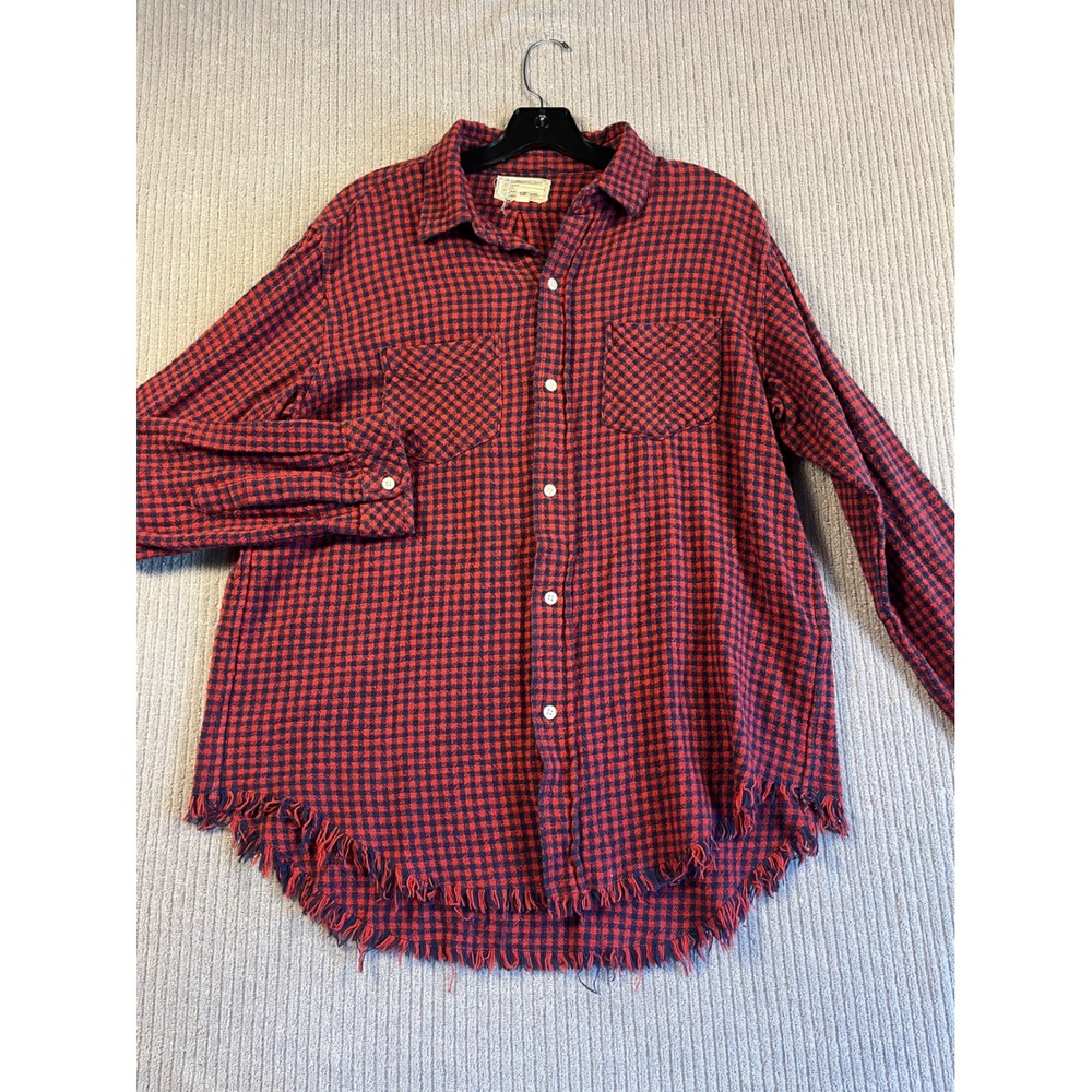 Current Elliott 3 L Red Navy Gingham Flannel Frayed Hem Button Up Shirt